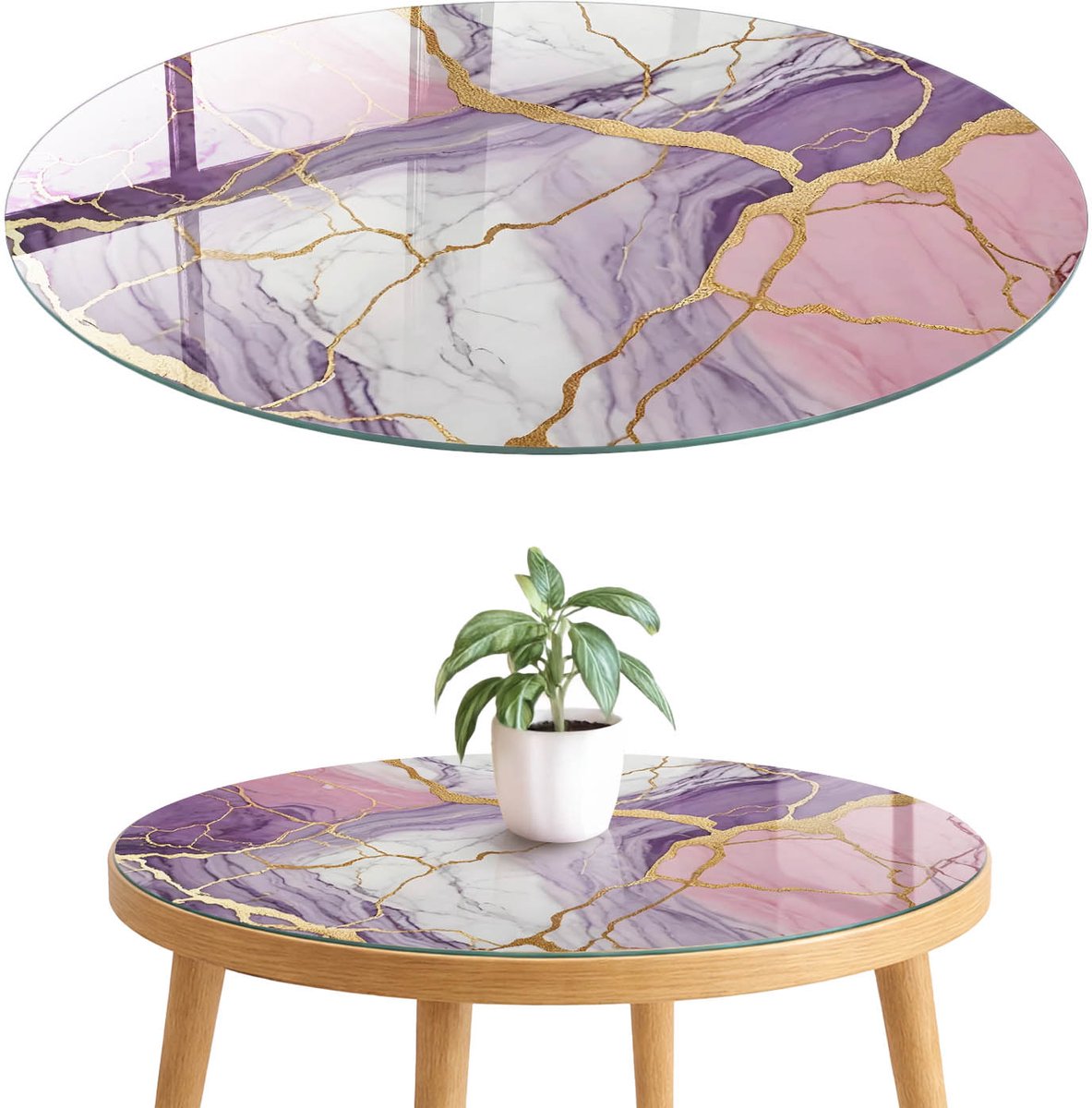 ArtPrintCave Paarse marmer Glazen Tafelblad fi70 cm - Tafelblad Rond - Paars Glasplaat - Abstractie Bureaublad