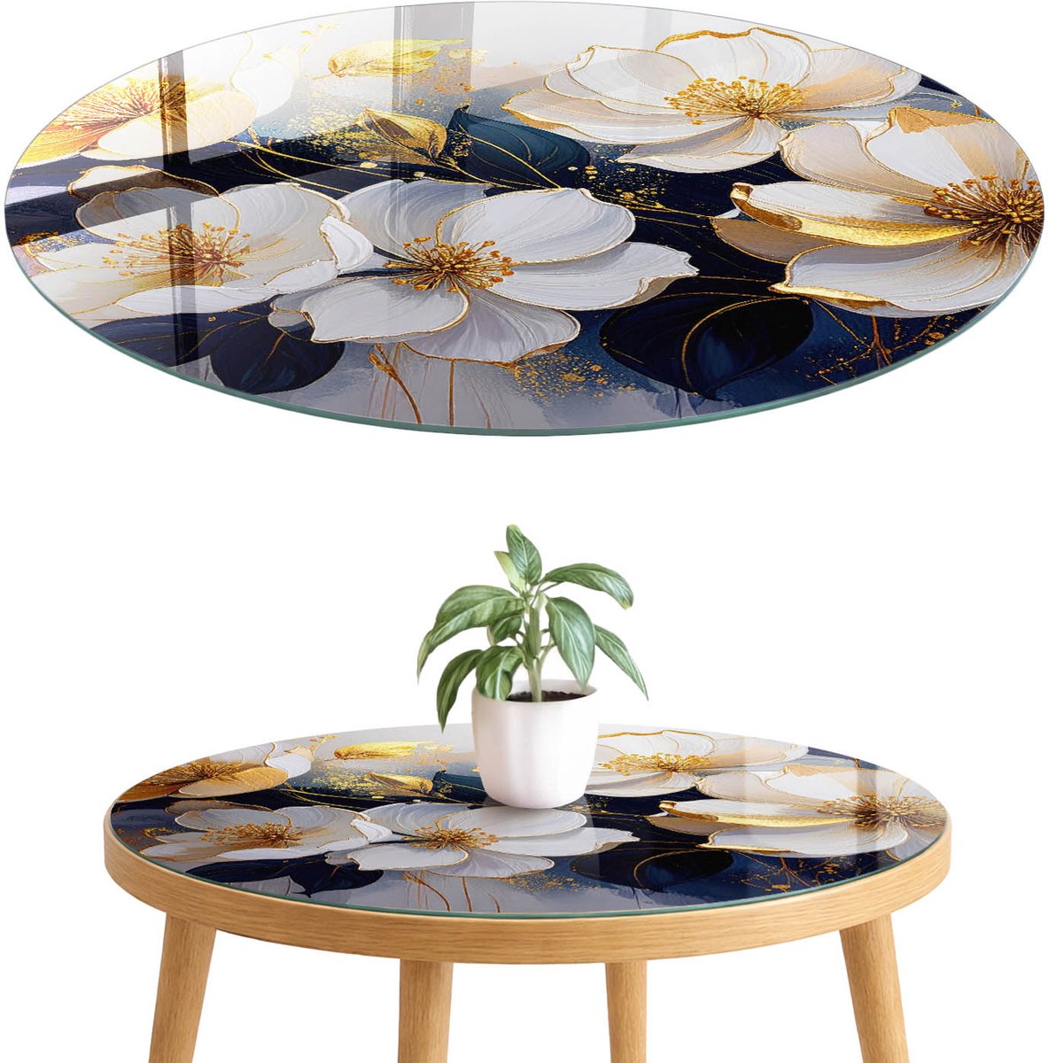 ArtPrintCave Bloemige elegantie Glazen Tafelblad fi70 cm - Tafelblad Rond - Wit Terrastafel - Bloemen en planten Terrastafel