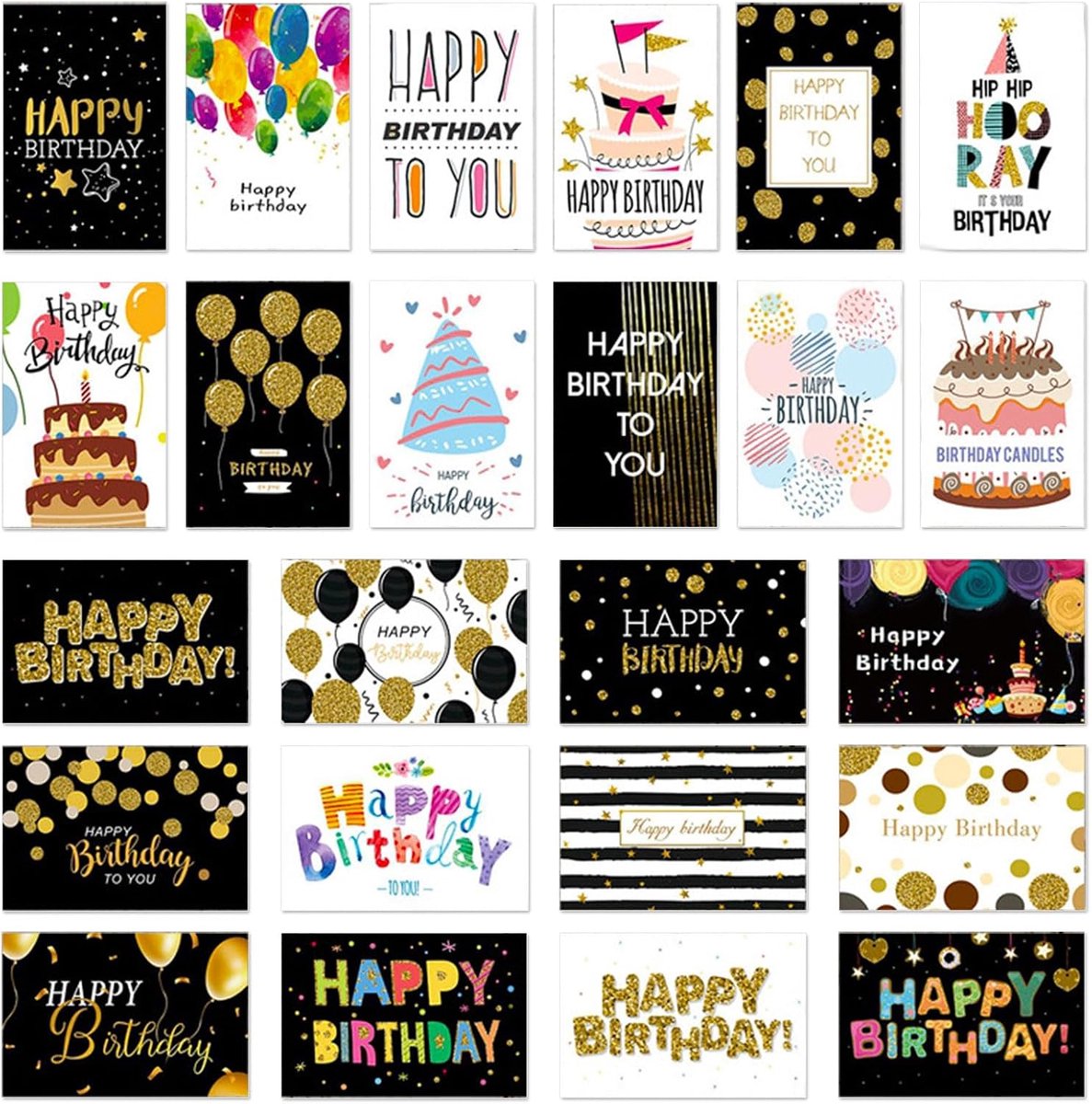 SnelShoppen - 24 Stuks Verjaardagskaarten Set met Enveloppen, Vouwkaarten, Wenskaarten, Postkaarten voor Verjaardag Vrienden Familie, Diverse Ontwerpe