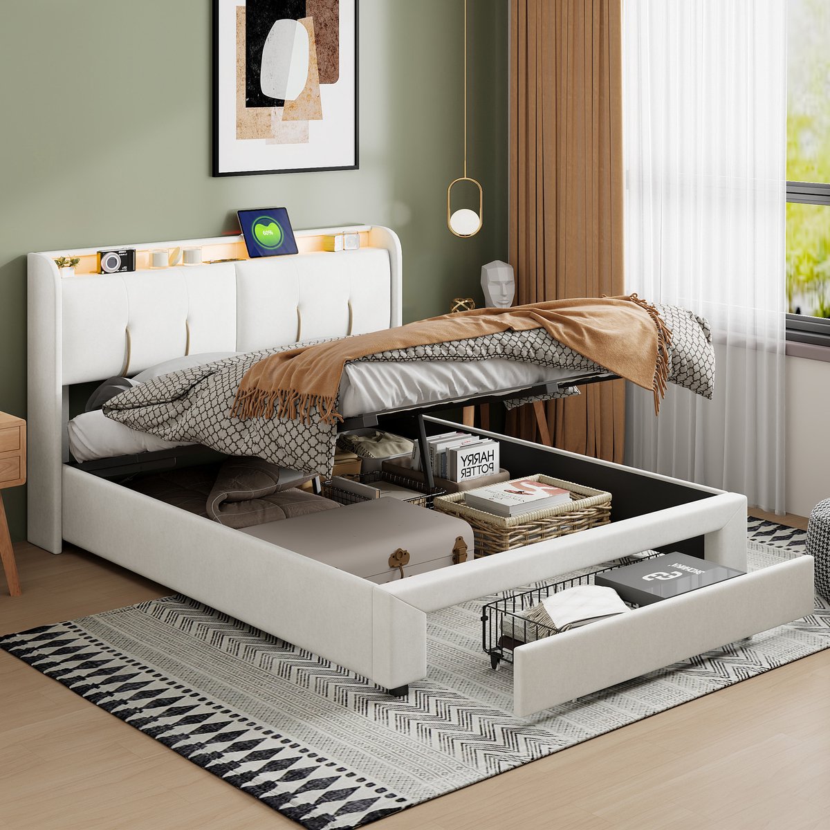 Tweepersoonsbed volwassen bed 140x200 cm, opbergbed met gasveer en led hoofdbord, fluwelen bed met usb aansluiting en stopcontacten, beige, zonder matras