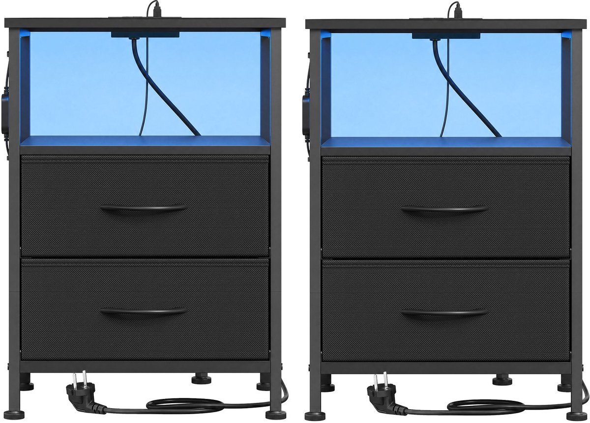 Nachtkastje met ledverlichting en oplaadstation - 30 x 39,6 x 60,4 cm - Zwart