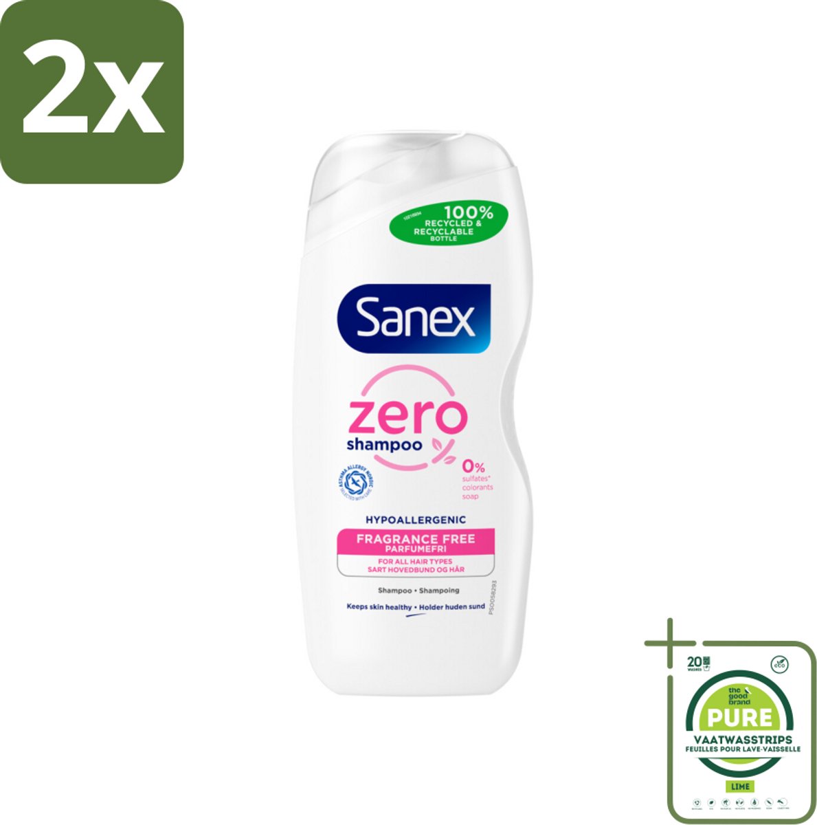Sanex - Shampoo - Zero% Normal Hair - Milde Reiniging - 250 ml - Voordeelverpakking - 2 stuks - Sanex shampoo - Shampoo normaal haar
