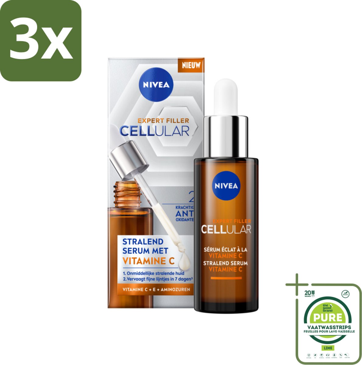 3 x Nivea - Cellular - Expert Filler Vitamine C Serum - Voor Stralende Huid - 30 ml - Grootverpakking - NIVEA Serum Vitamine C - Anti-aging Serum - Serum Voor Stralende Huid - Serum Voor Fijne Lijntjes - Serum Voor Gevoelige Huid