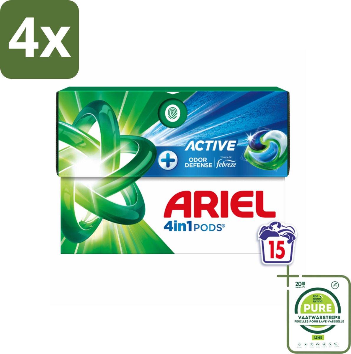 Ariel - 4in1 Wasmiddel Pods - Actieve Geurbestrijding - 15 Pods - Voordeelverpakking - 4 stuks - Ariel wasmiddel - Wascapsules