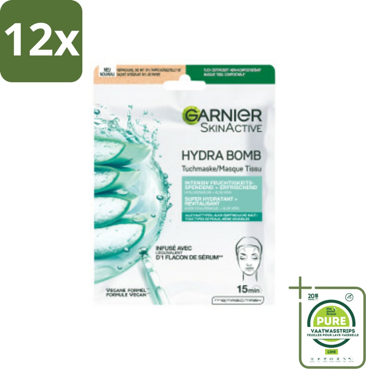 Garnier - SkinActive - Hydrabomb Tissue Masker - Hyaluronzuur & Aloe Vera - Super Hydraterend - 1 Gezichtsmasker - Voordeelverpakking - 12 stuks - Hydraterend masker - Hyaluronzuur