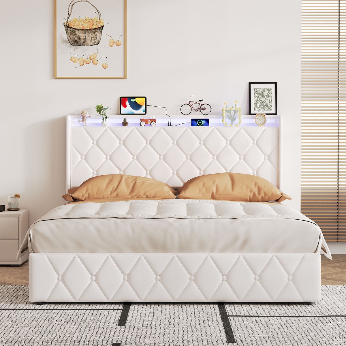 Solvenrik Opbergbed 140x200 Beige – Luxe Velvet Gestoffeerd Bed met LED Verlichting & USB – Bed met Hydraulische Opbergruimte en Lattenbodem