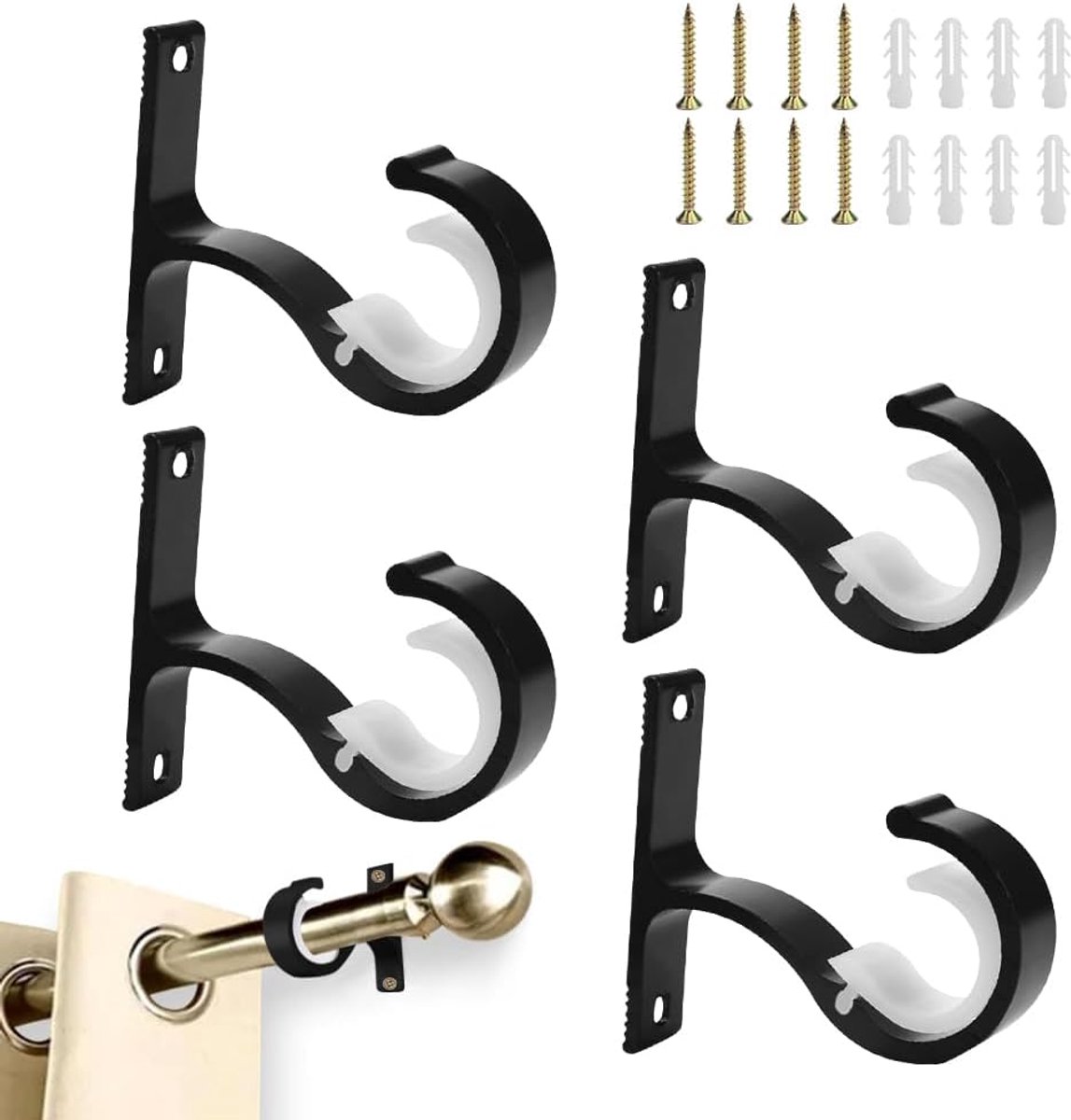 SnelShoppen - 4-delige Zwarte Gordijnroede Houder, Aluminium Legering, Plafondhouder, Wandhouder, Voor Gordijnen en Douchegordijnen