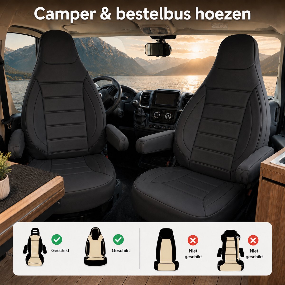 Camperstoelhoezen universeel - Set van 2 - Zwart kunstleer - AIM
