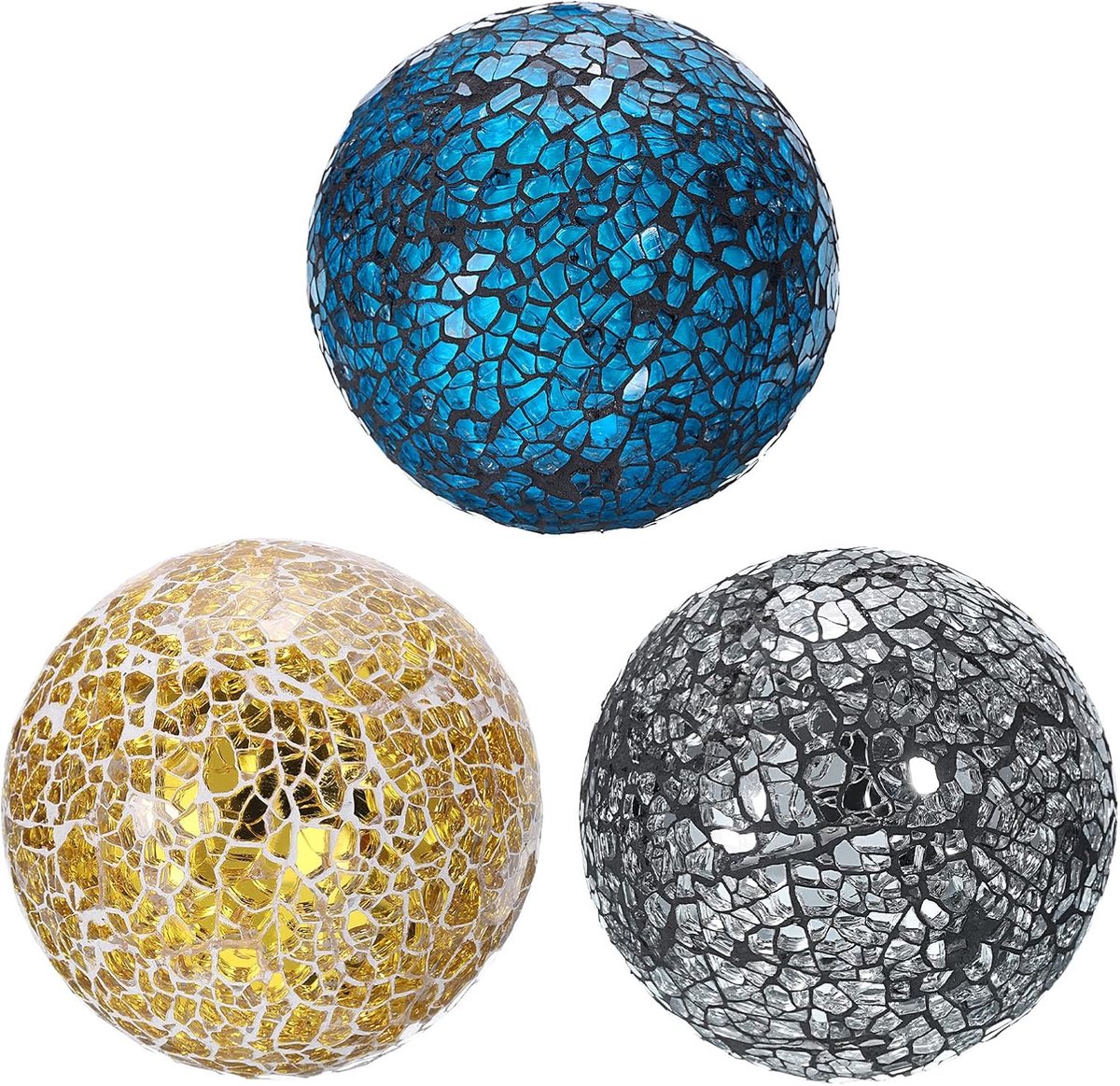 SnelShoppen - 3 Stuks Glazen Decoratieve Ballen 8 cm - Glazen Mozaïek Ballen voor Tafeldecoratie, Vazen, Feest, Goud, Zilver, Zwart, Blauw