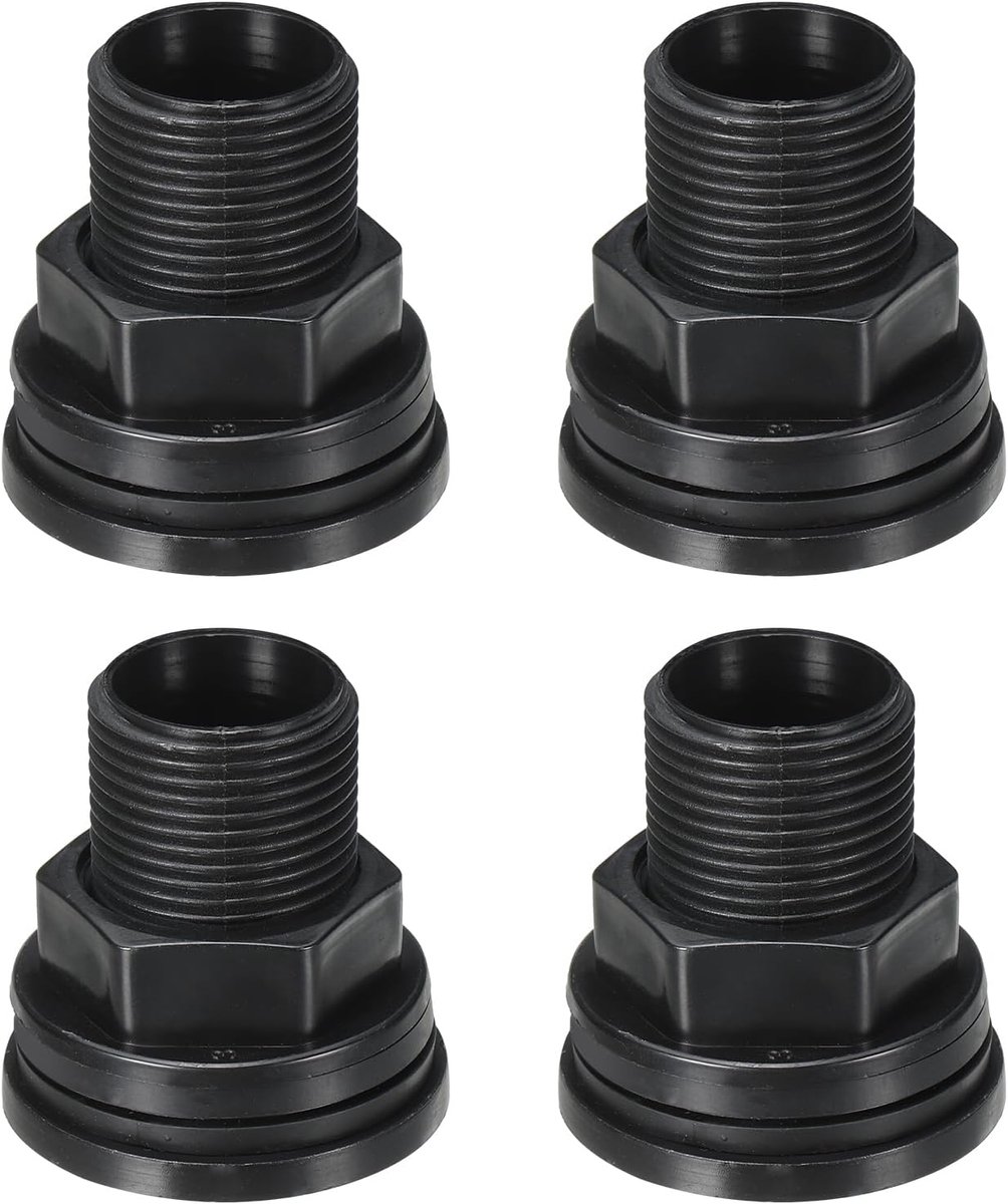 PVC schot fitting 1/2 vrouwelijk x 3/4 inch mannelijk, 4 stuks dubbele schroefdraad schot watertank connector met afdichting pakking voor regenemmer, gootstenen, aquaria, zwart