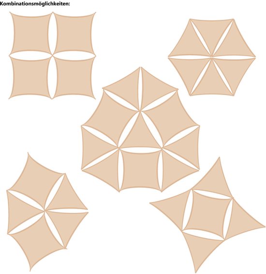 Illustraties van verschillende combinaties van beige vierkante schaduwdoeken.
