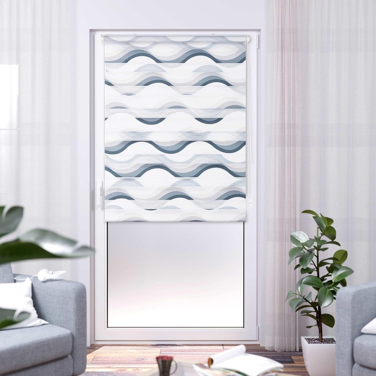 Klemmfix dubbel rolgordijn Madrid zonder boren bedrukt golf grijs 120 x 150 cm (B x L)
