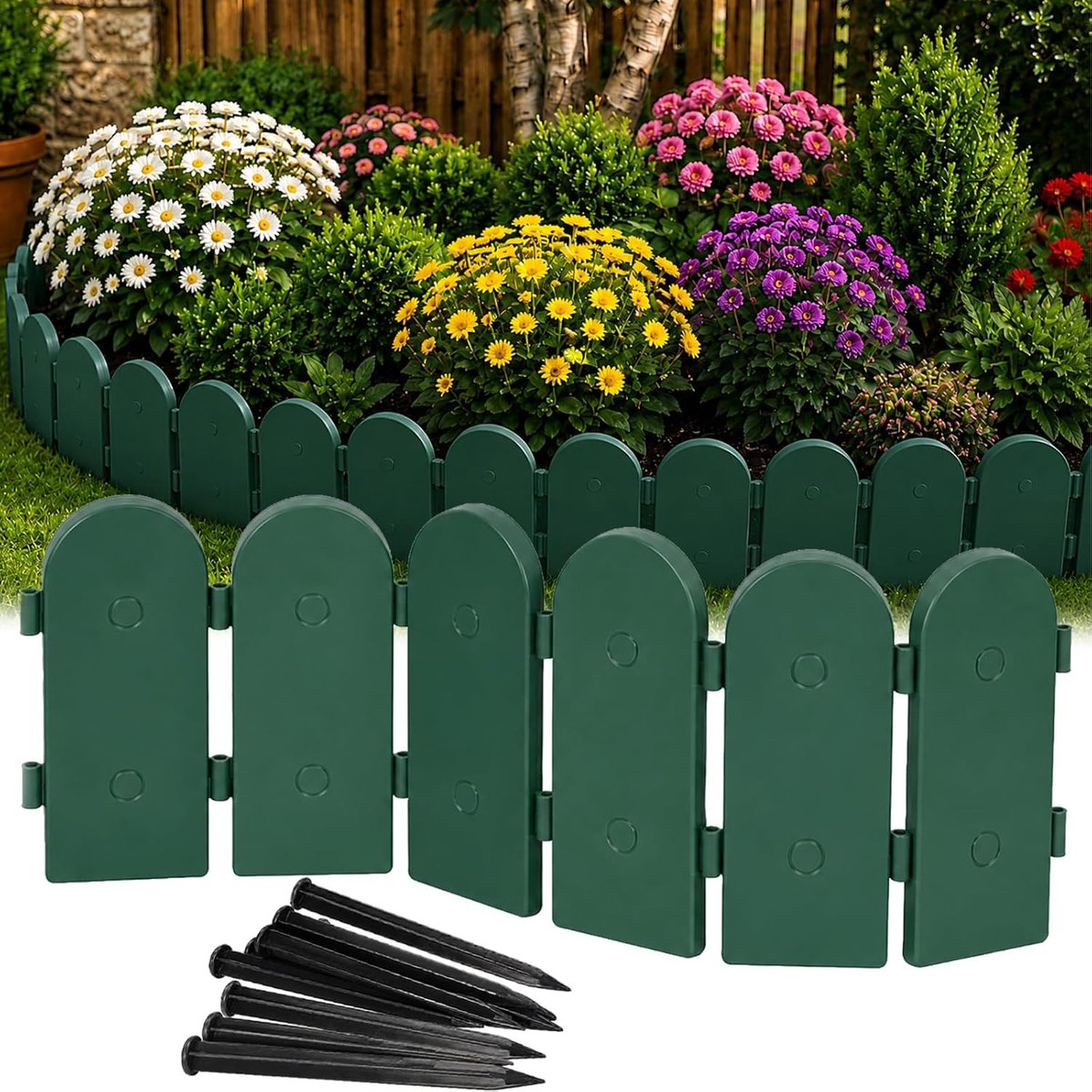 Tuinpalissade in houtlook, 2,4 m, groen, kunststof, flexibele gazonrand om in te steken, 12 grondankers, perkrand hout, bedbegrenzing, tuinhek voor bloembed, bloembed omheining