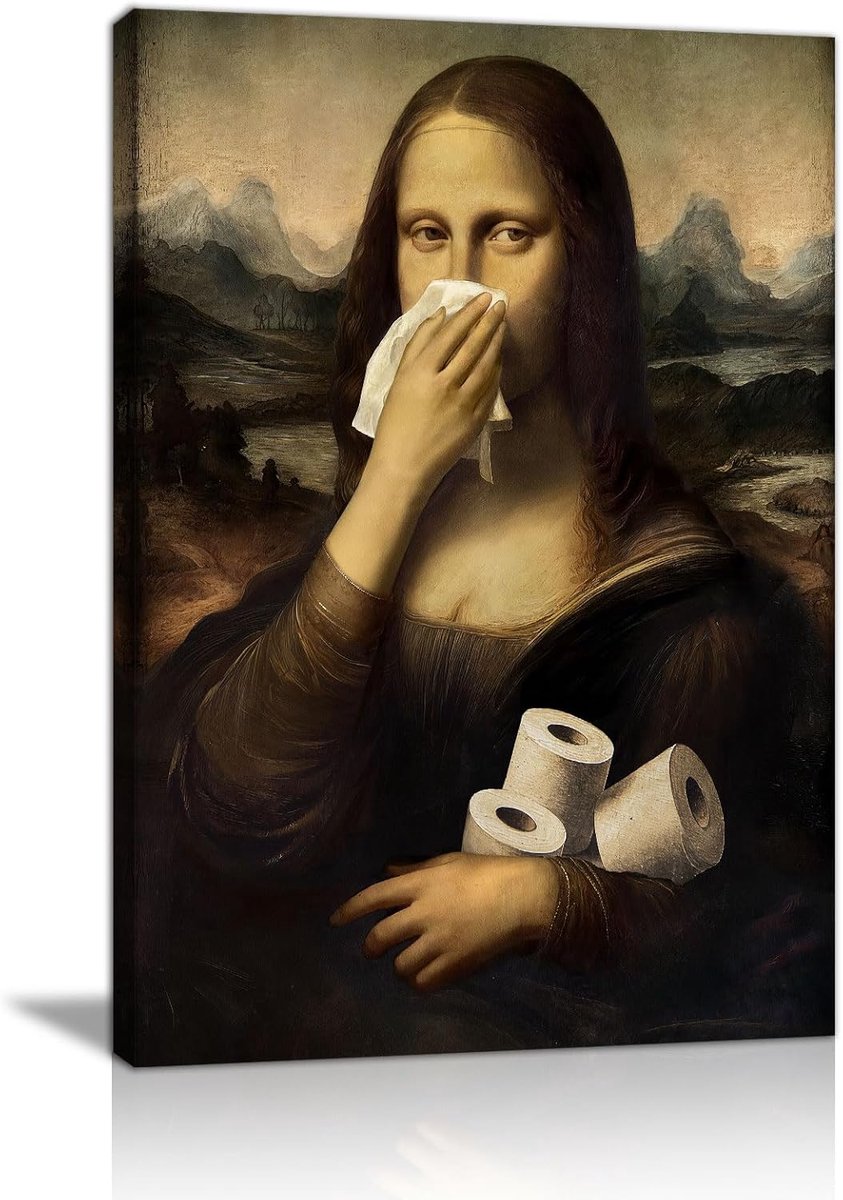 Mona Lisa wandprints met frame, vintage nose wandtapijt moderne afbeeldingen Mona Lisa klassieke afbeelding canvasafdrukken humor grappige poster decoratie voor het toilet badkamer 40 x 60 cm