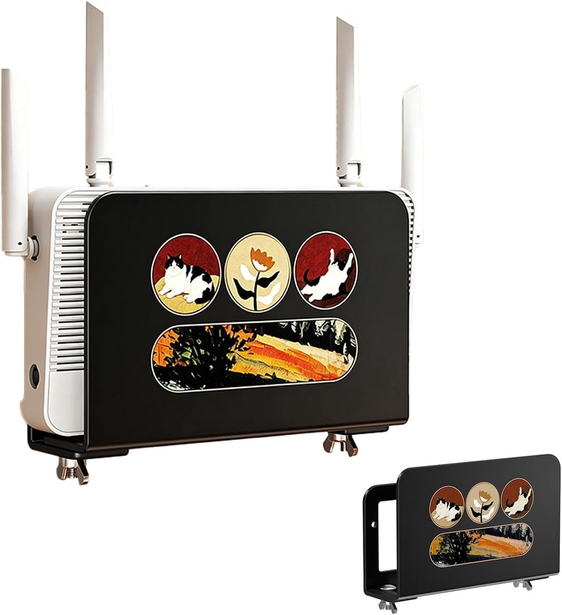 Metalen Wandrouterhouder, Muurplank Zonder Boren WiFi Plank in Roestvrij Staal Verstelbare Breedte 4-6 cm Zwart met Kattenontwerp voor Router en Kabels