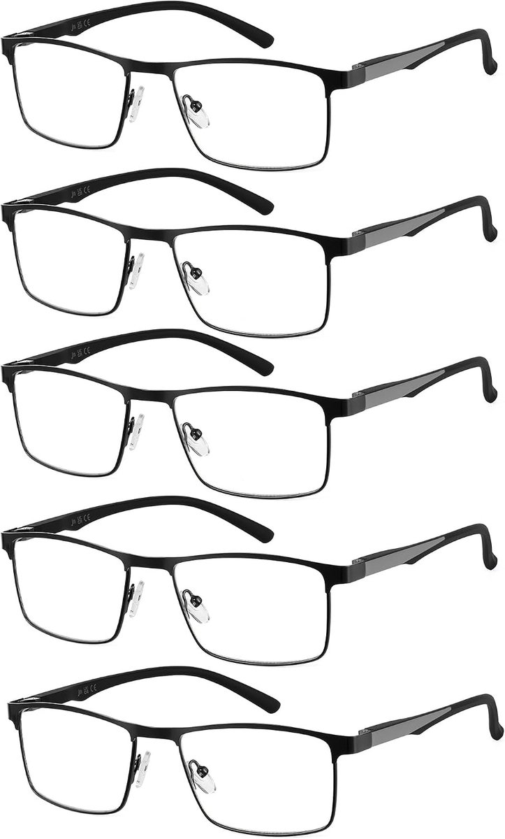 5 stuks leesbril voor heren, rechthoekige bril met blauwlichtfilter, metalen veerscharnieren, leesbril met blauwlichtfilter, pak van 5