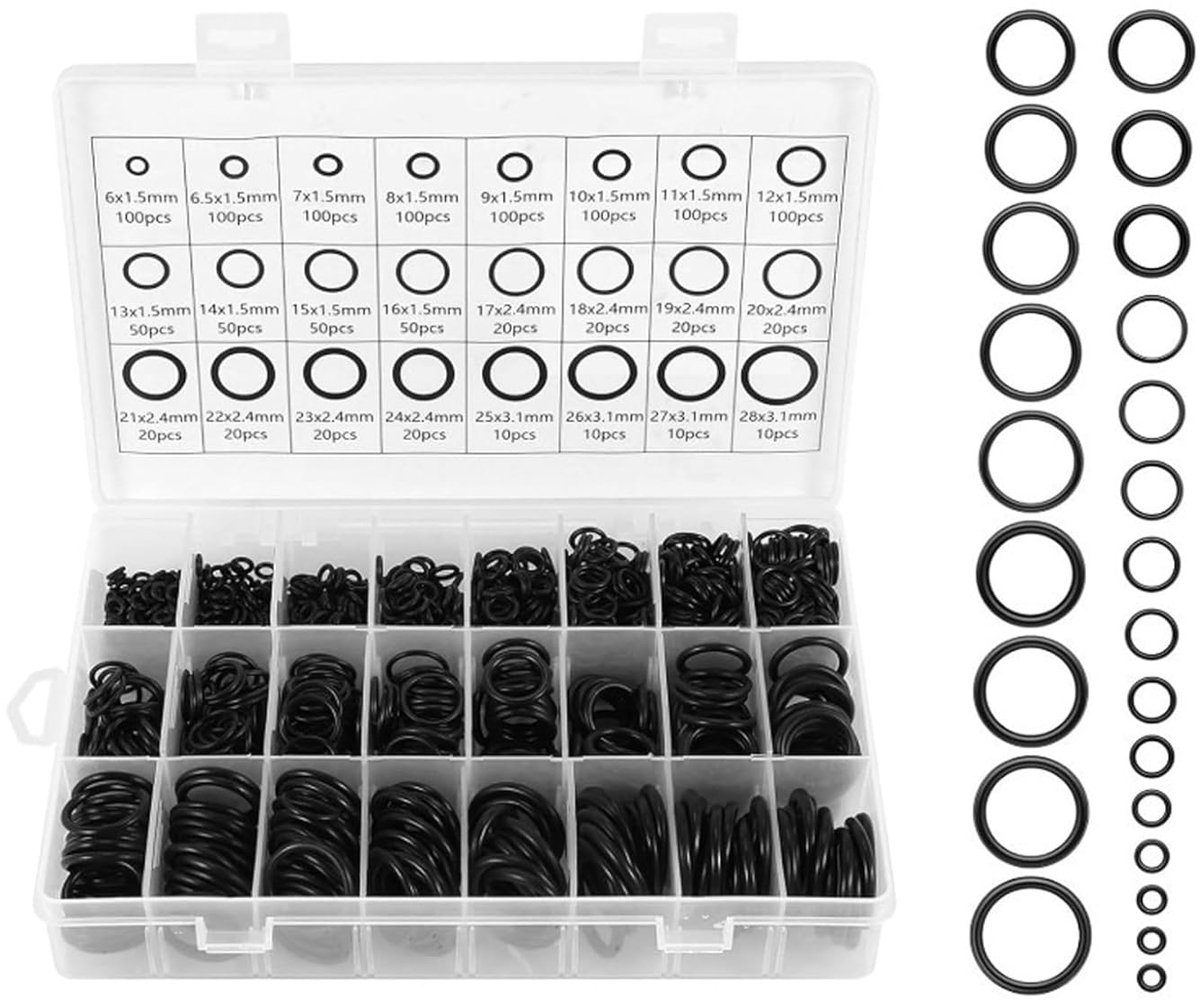 O-Ring Assortiment 1200 stuks O-ring rubberen afdichtingen, O-ring afdichtingsset met 24 maten (zwart)
