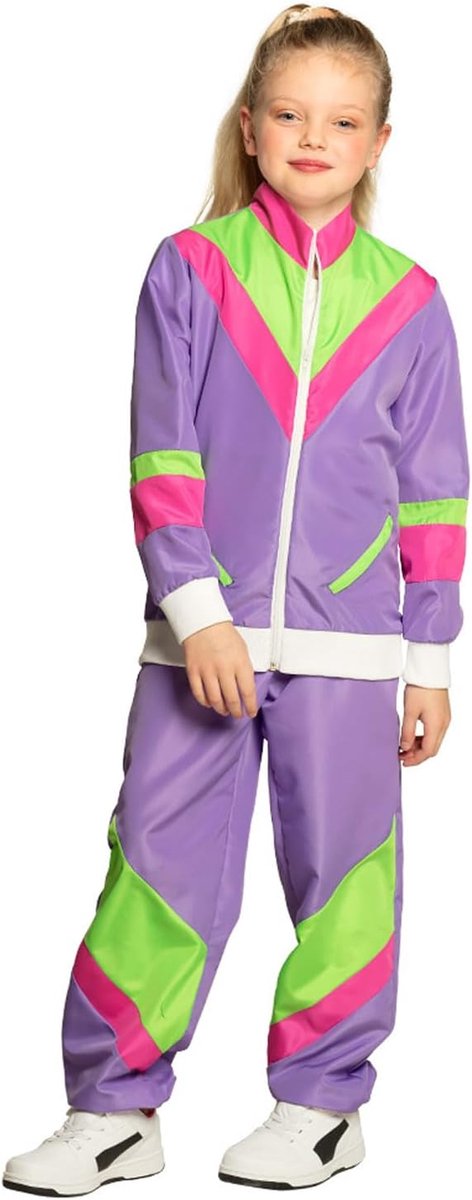- Trainingspak voor kinderen uit de jaren 80, paars | Jasje en broek, licht op onder blacklight, retro joggingpak, carnaval, themafeest, groepskostuum voor kinderen