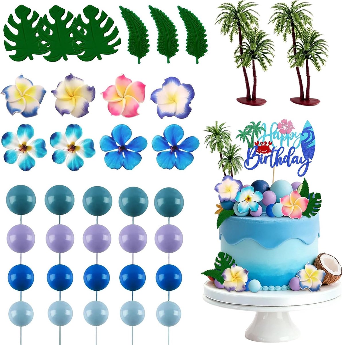 43 stuks Hawaiiaanse taartdecoratie, tropische taartdecoraties | Hawaïaanse tropische taartdecoratie voor zomer, Hawaii, verjaardag, jubileum, bruiloft en babyborrels