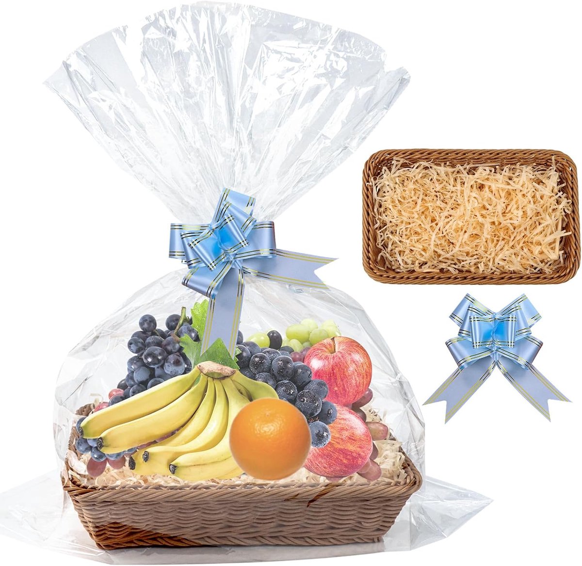 35 x 25 cm mand kit, geschenkmand kit met 1 x geschenkmand mand, 3 x strikken, 3 x cellofaan zakken en 1 x versnipperd papier voor mand maken, Kerstmis, verjaardag, bruiloft, paascadeau