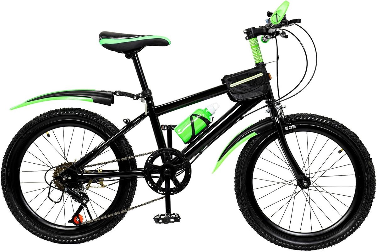 20 inch kinderfiets met verstelbare kinderfiets met 7 versnellingen en terugtraprem, BMX-stijl fiets van koolstofstaal met vering onder de zitting, mountainbike met spatborden, stuursloc