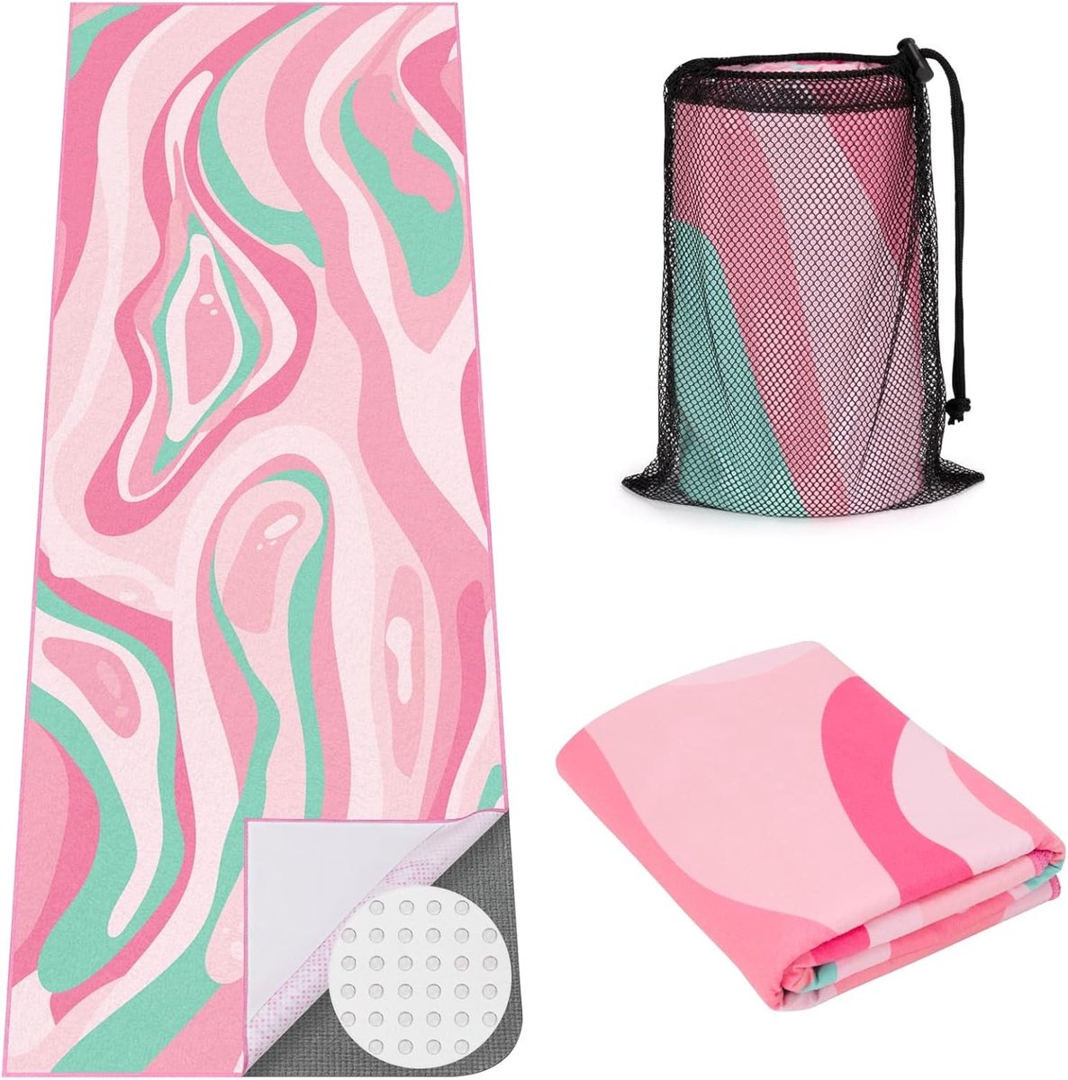 handdoek met grote hoekzakken, antislip grip microvezel mat hoes mat voor hot yoga, pilates en gym workout, 178 x 66 cm (l x b x h), roze