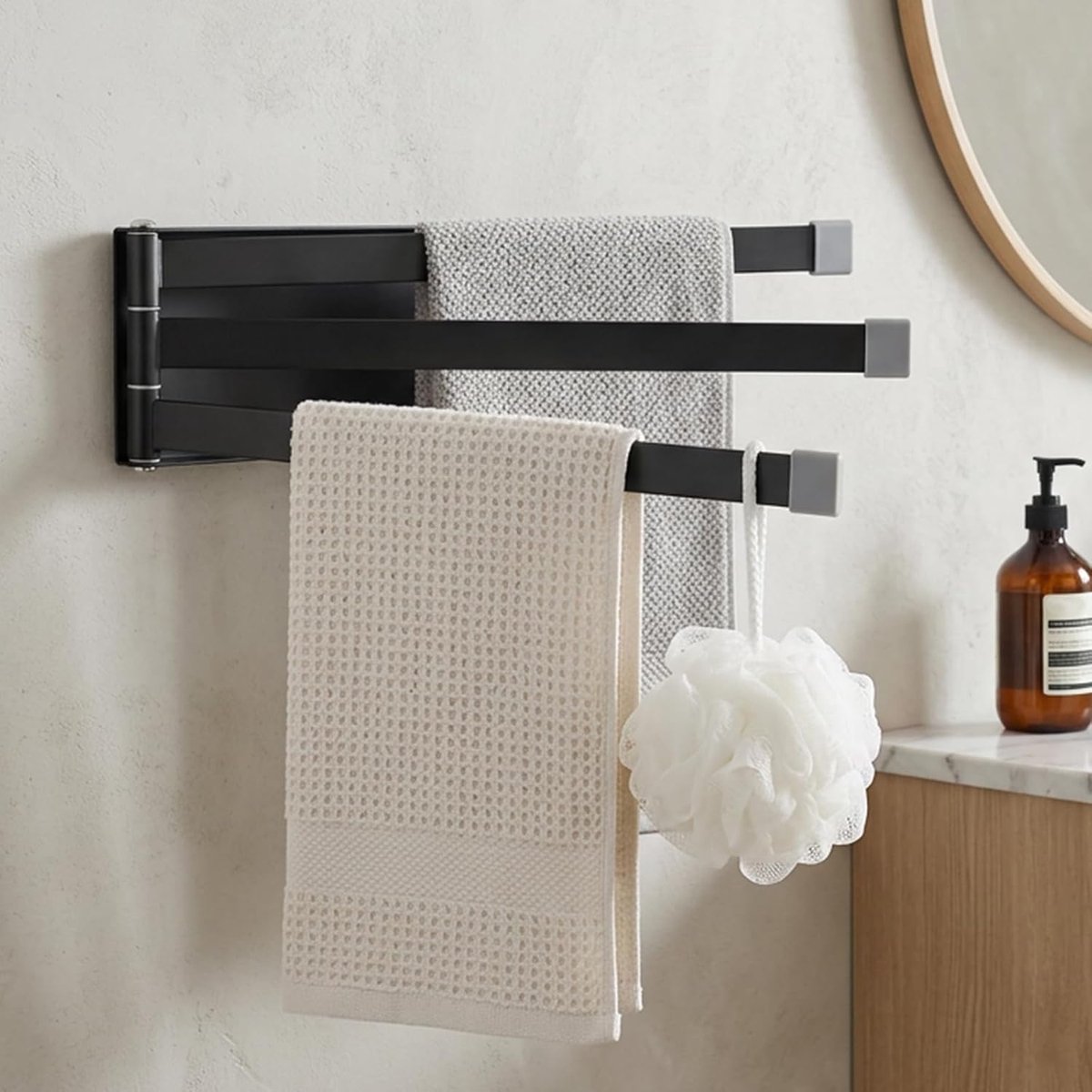 Handdoekhouder zonder boren, handdoekhouder voor aan de muur, 180 graden draaibaar, drietraps handdoekhouder, geschikt voor badkamers, keuken, enz. (grijs)