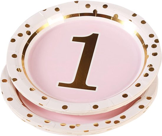 100 stuks 1e feestaccessoireset, verjaardagsfeestborden, set - 25 en 7 cm papieren borden en kopjes rietjes voor feesten, vakantie, Kerstmis, babyshower decoraties — afbeelding 3