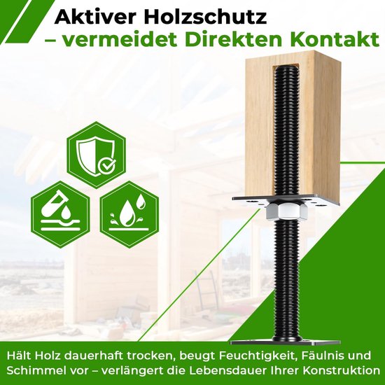 4 x in hoogte verstelbare paaldragers, 80 x 80 x 250 mm, zwart, thermisch verzinkte steunpoot, bodemplaat om vast te schroeven voor carport, pergola, omheining — afbeelding 2