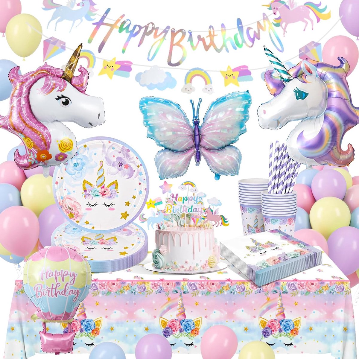 decoratie kinderverjaardag, eenhoorn feestserviesset, papieren borden kinderverjaardag met vlinderballonnen, verjaardagsdecoratie meisjes voor feestdecoratie 16 gasten