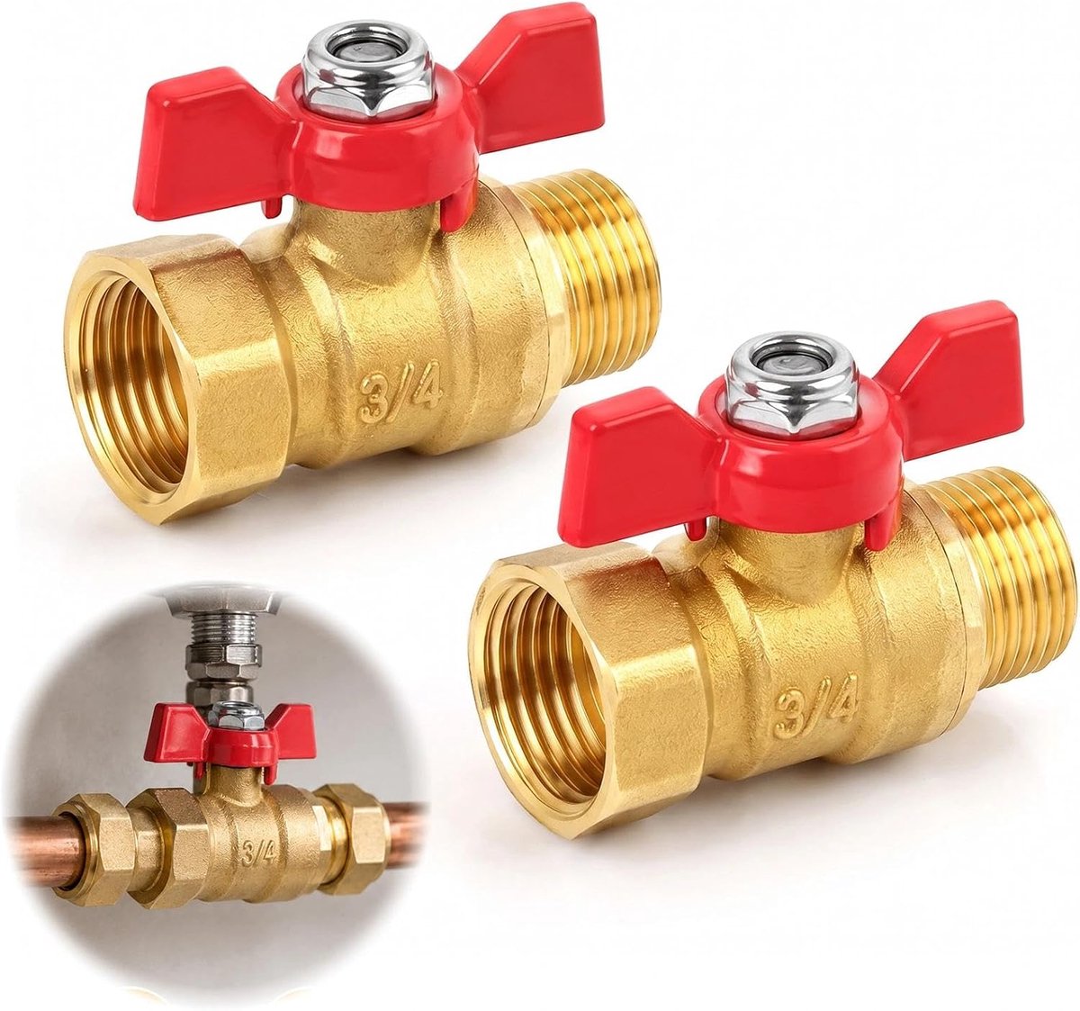 2 stuks messing kogelkraan 3/4 inch, afsluitkraan 3/4 inch IG/AG, messing afsluitventiel met rode vleugelhandgrepen, afsluitkranen voor waterleidingen, kraan
