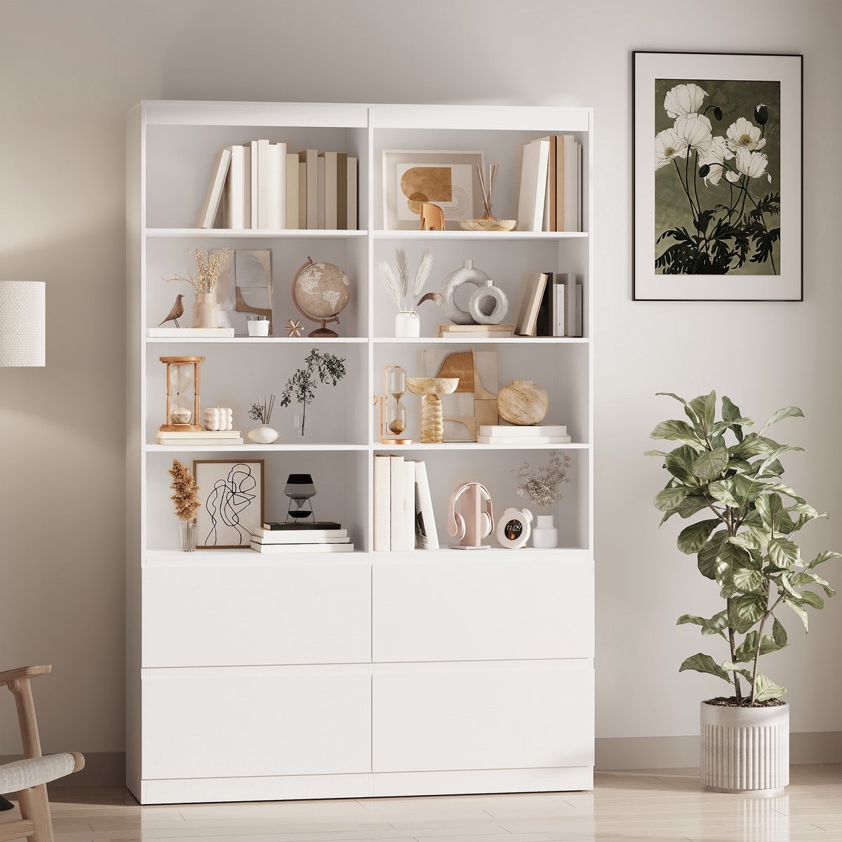 Xbro Boekenkast met 8 Open Vakken en 4 Laden, Opbergkast met Glad Oppervlak en Ingebouwde Handgrepen voor Woonkamer en Slaapkamer, 120 x 35 x 180 cm, Wit