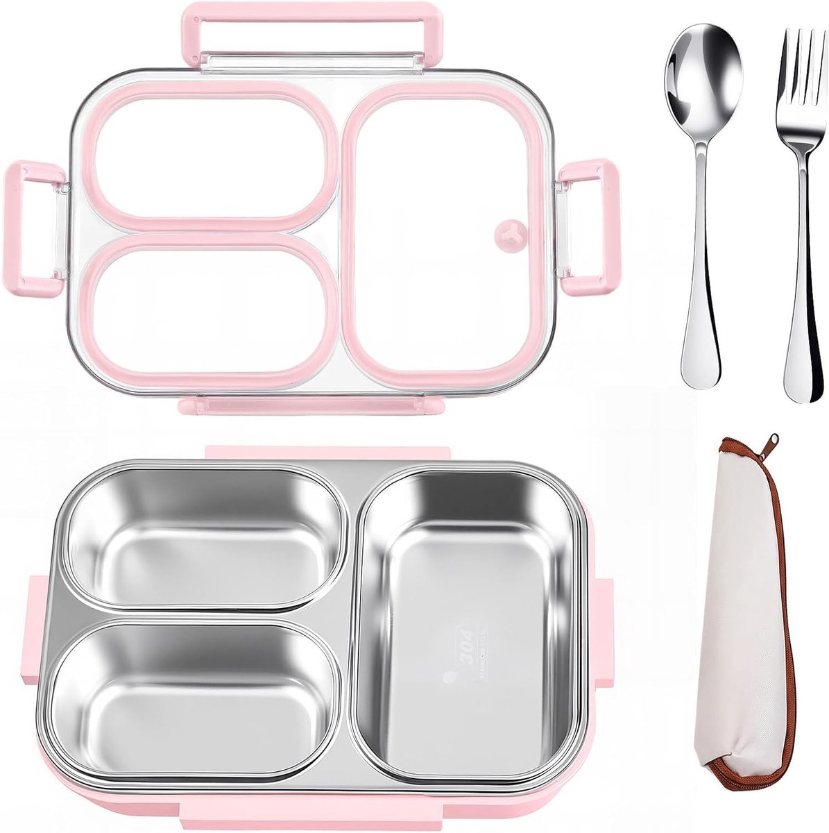 broodtrommel lunchbox met vakken, 3 vakken roestvrijstalen lunchbox voor volwassenen, kinderen, studenten voor school, kantoor, reizen, picknick, roze, 24x17x6.5 CM