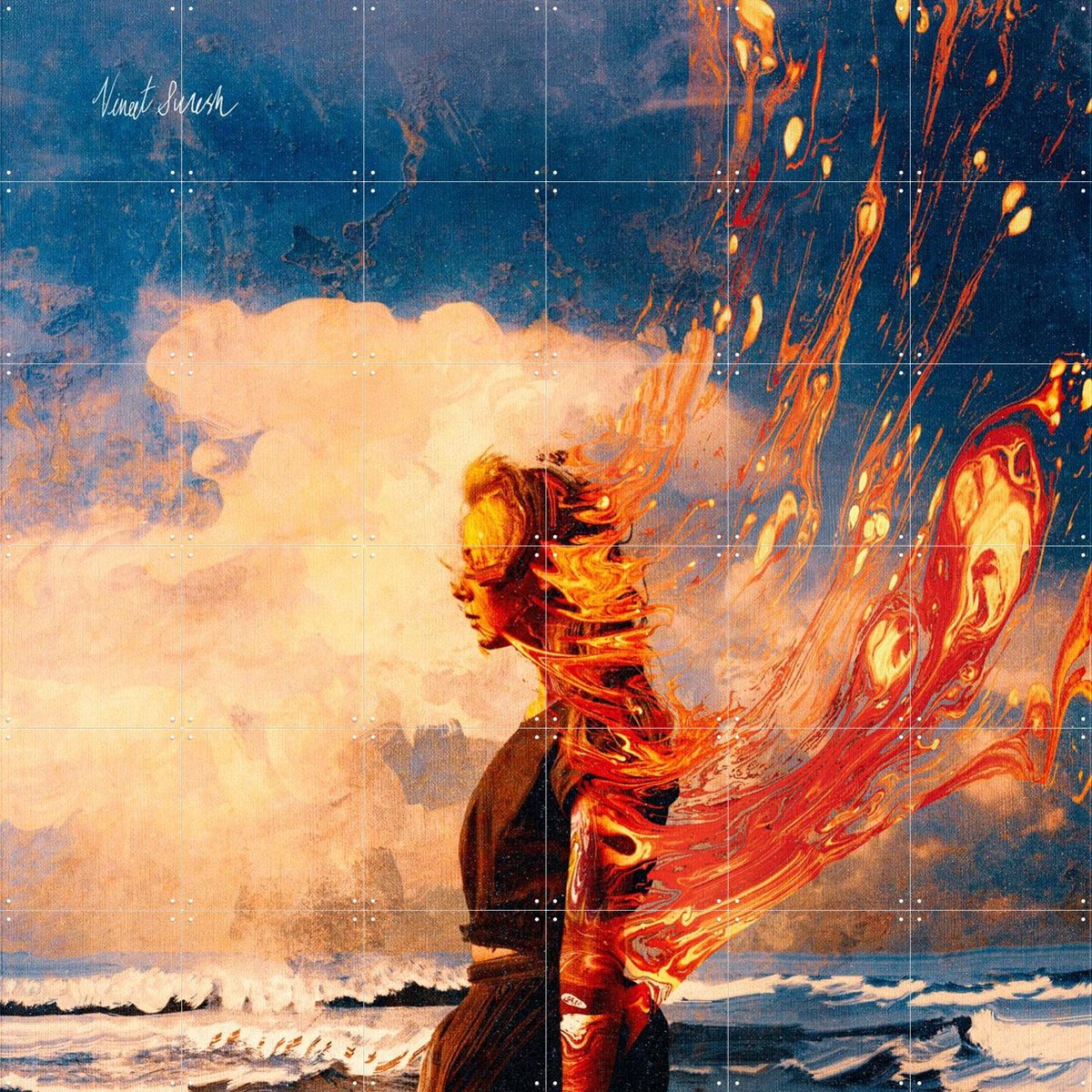 IXXI Burning By The Sea, Vineet Suresh - 120 x 120 cm - Gratis ophangtool - Grote wanddecoratie en posters - Modern, Kleurrijk, Surrealisme