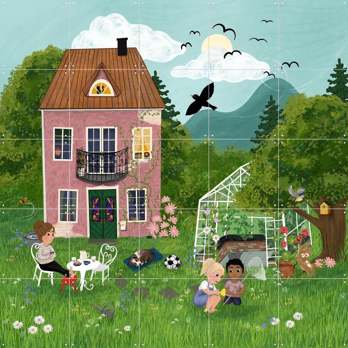IXXI Summerday In The Garden, EMELIEmaria & Various - 100 x 100 cm - Gratis ophangtool - Grote wanddecoratie en posters - Fantasierijk, Speels