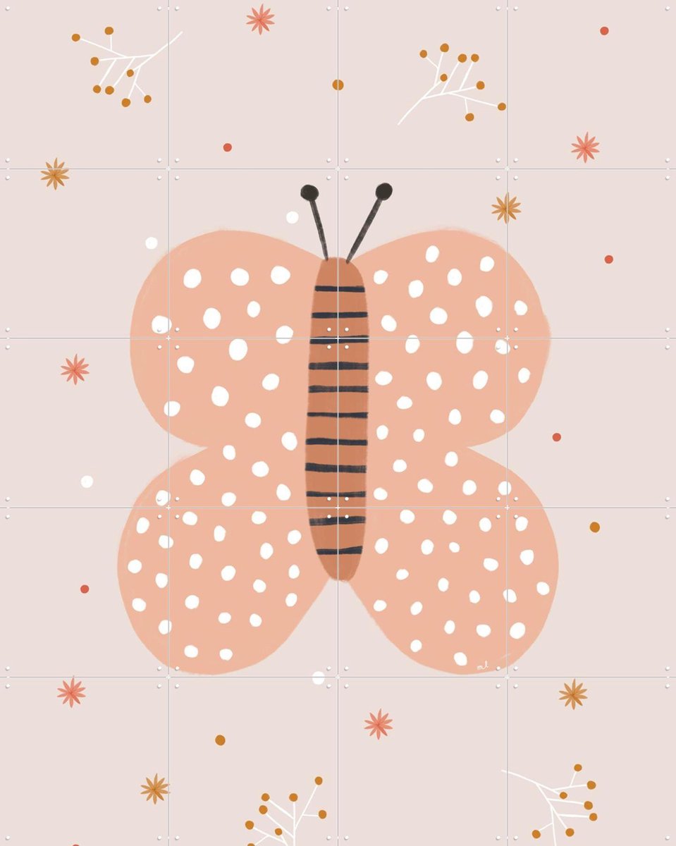 IXXI Pink Butterfly, Menina Lisboa & Various - 80 x 100 cm - Gratis ophangtool - Grote wanddecoratie en posters - Illustraties, Modern, Speels