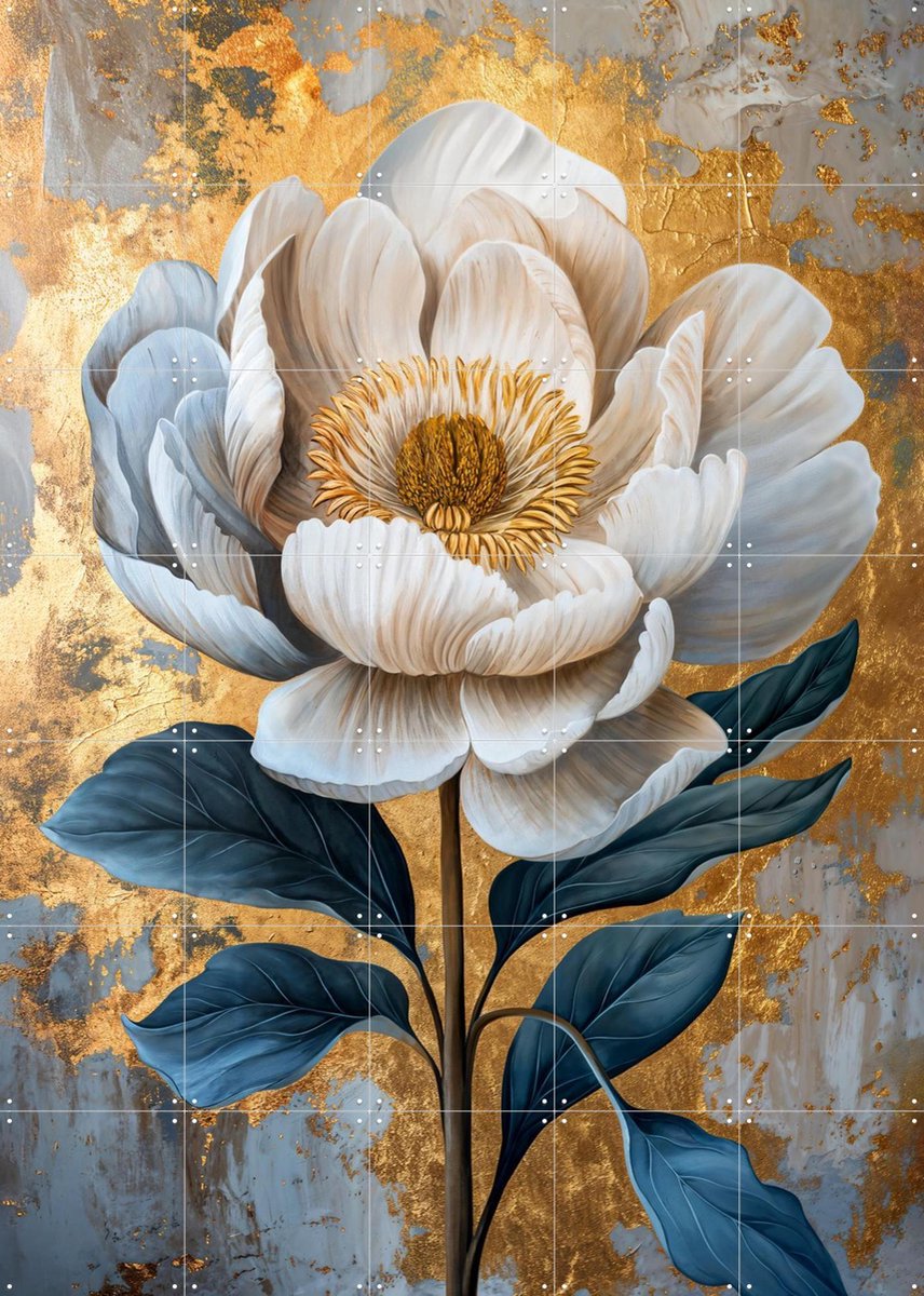 IXXI White Flower Gold, OTTI - 100 x 140 cm - Gratis ophangtool - Grote wanddecoratie en posters - Klassiek, Eetkamer, Slaapkamer, Woonkamer, Bloemen