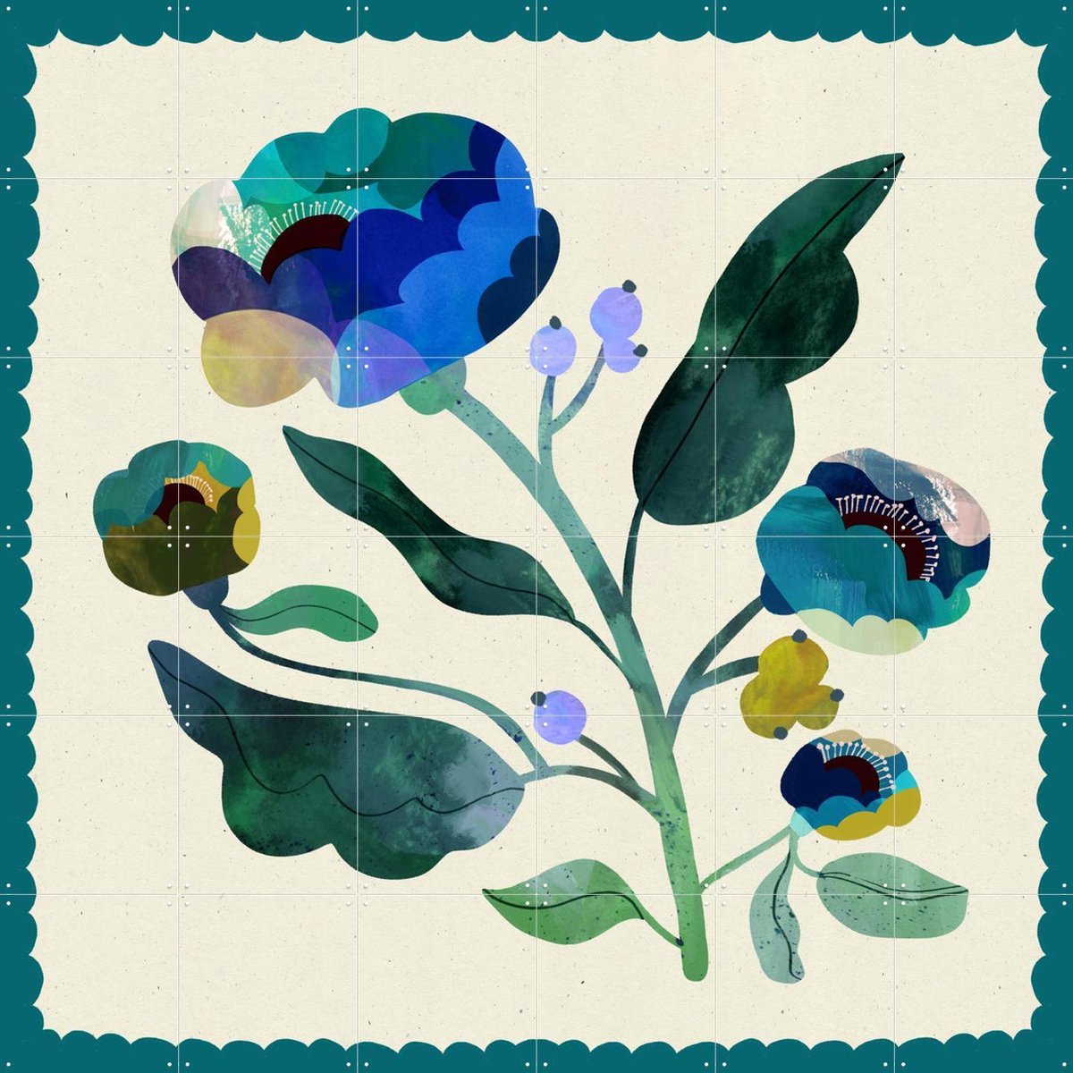 IXXI Deep Teal Flower, Lena Addink - 120 x 120 cm - Gratis ophangtool - Grote wanddecoratie en posters - Illustraties, Speels, Slaapkamer, Woonkamer