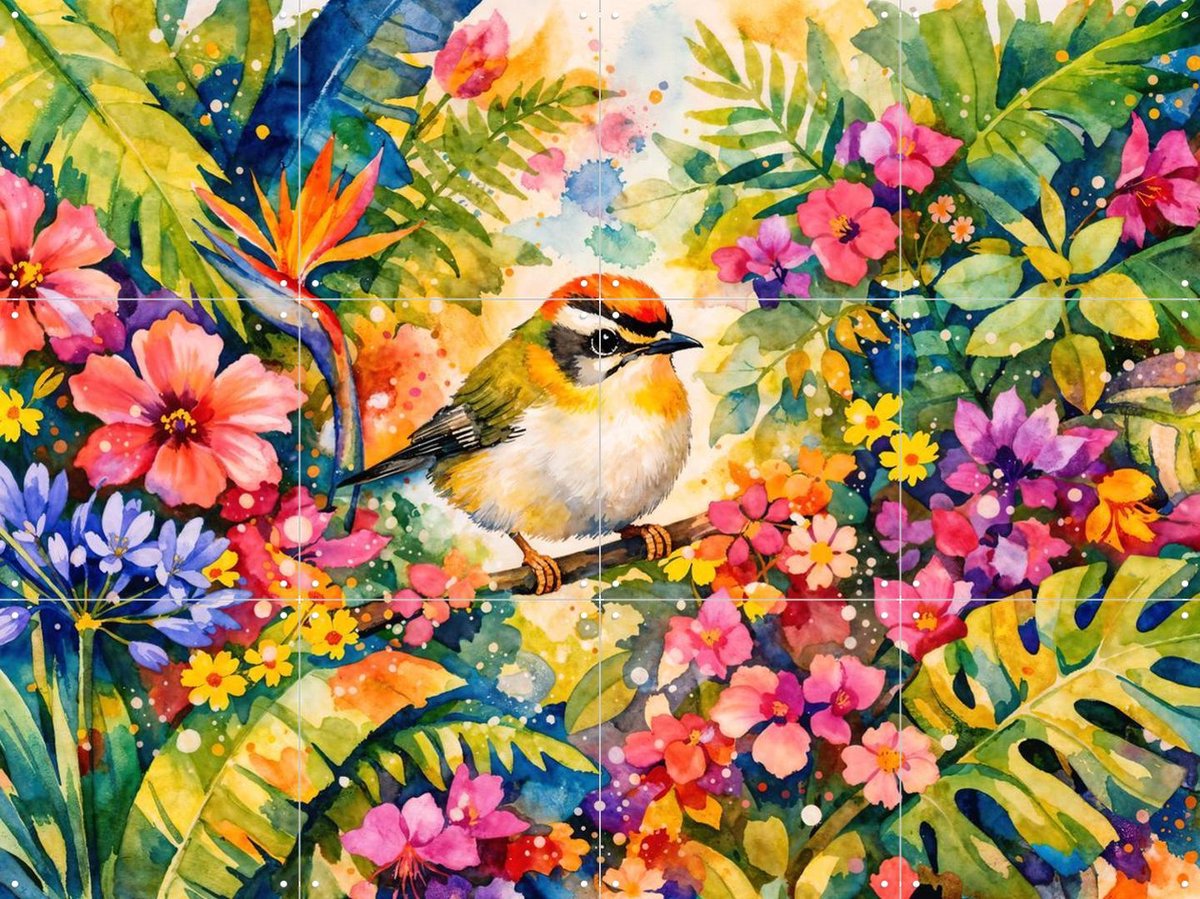IXXI Goudhaantje Tussen Bloemen Jungle, Natalie Bruns - 80 x 60 cm - Gratis ophangtool - Grote wanddecoratie en posters - Digitale Kunst, Gang, Trap