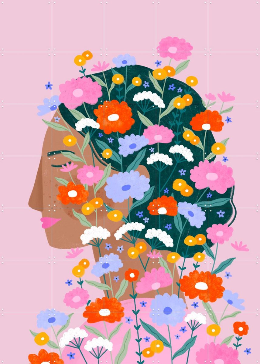 IXXI Colourful Flower Lady, Bea Müller & Various - 100 x 140 cm - Gratis ophangtool - Grote wanddecoratie en posters - Speels, Geometrische Kunst