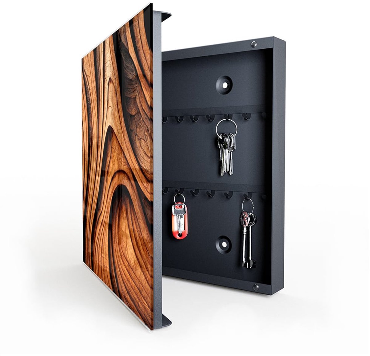 MyDesignGlas Sleutelkastje met Glazen Deur en Print – 50 Haken – 30x30x5 cm – Abstracte Hout Textuur – Metalen Sleutelkast – Zwart – Rechtsopenend