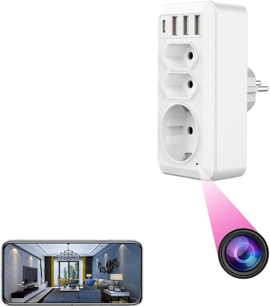 Verborgen Camera Adapter - Wandcontact - Binnenhuis Toezicht - Met Nachtzicht - 3 USB Poorten - Wit