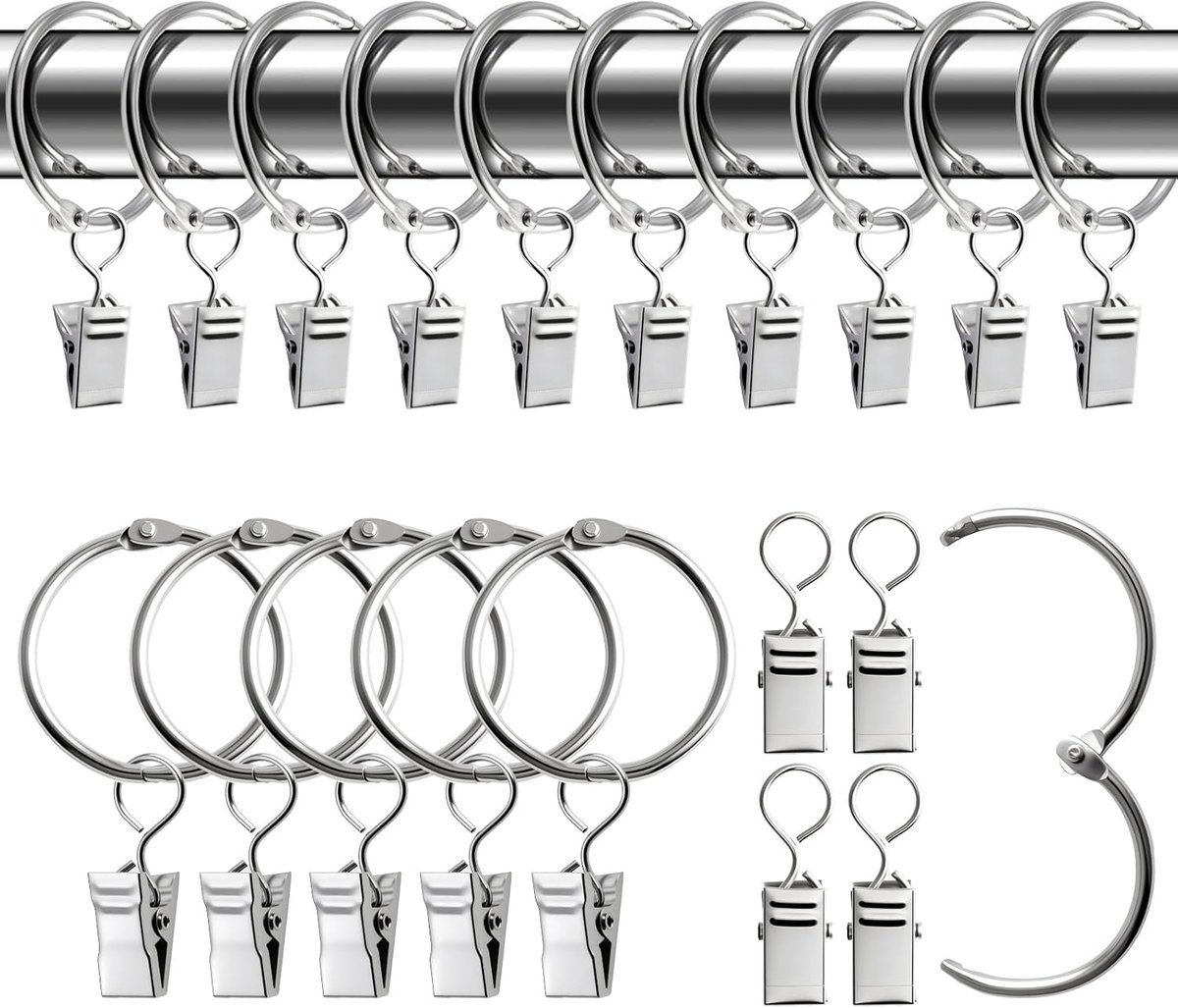 Metall gordijnringen met clips: 30 stuks zilveren gordijnklemmen voor stangen, ramen, deuren en douchegordijnen, 32 mm - ShopVlot