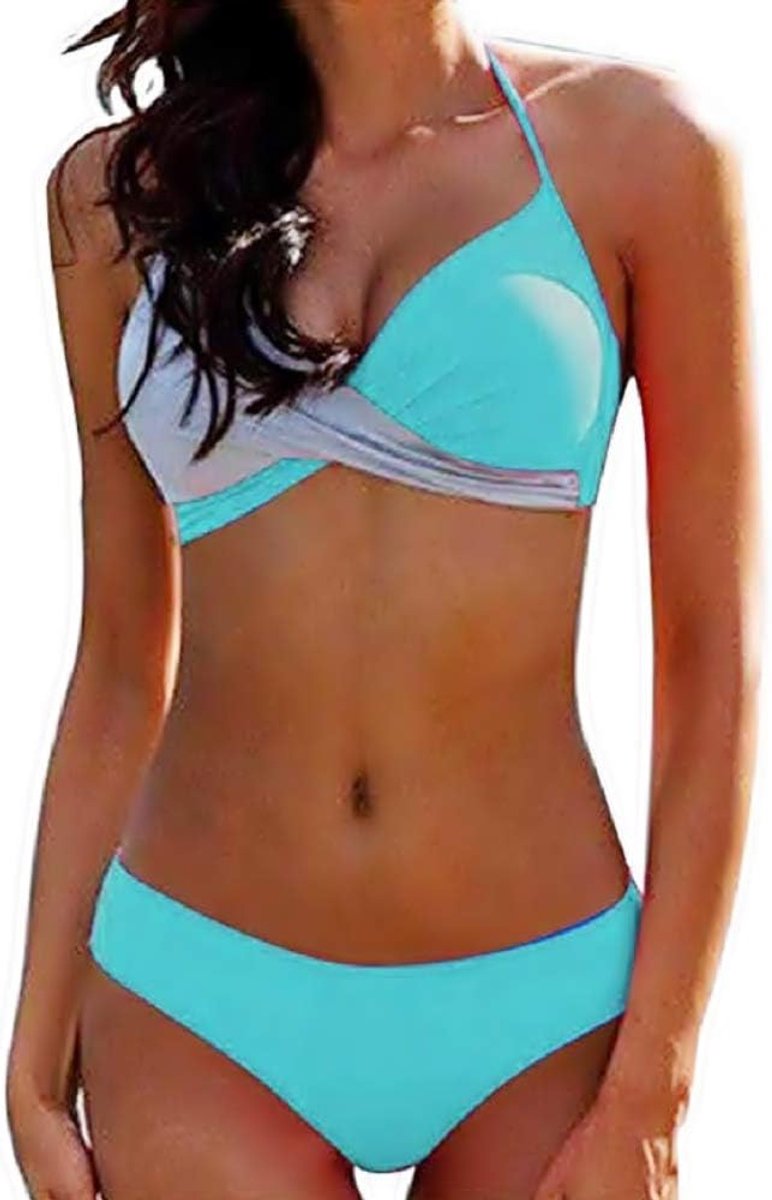 Zwempak Badpak voor dames, 2-delig, voor badkamer, meisjes, bikini, perfect passend, tweekleurig, gewatteerd – kleur aquamarijn, grijs - - Small