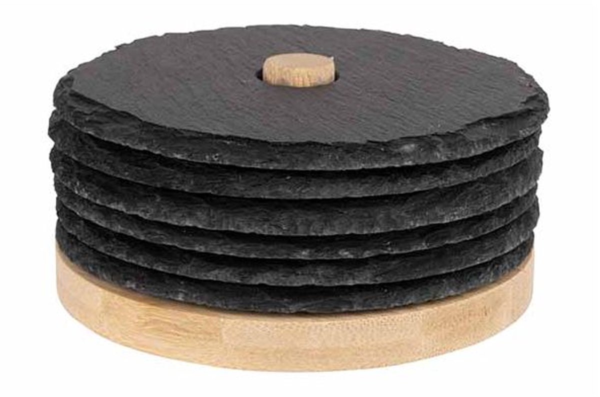 Glasonderzetter Leisteen Set6 D10cm Op Houder