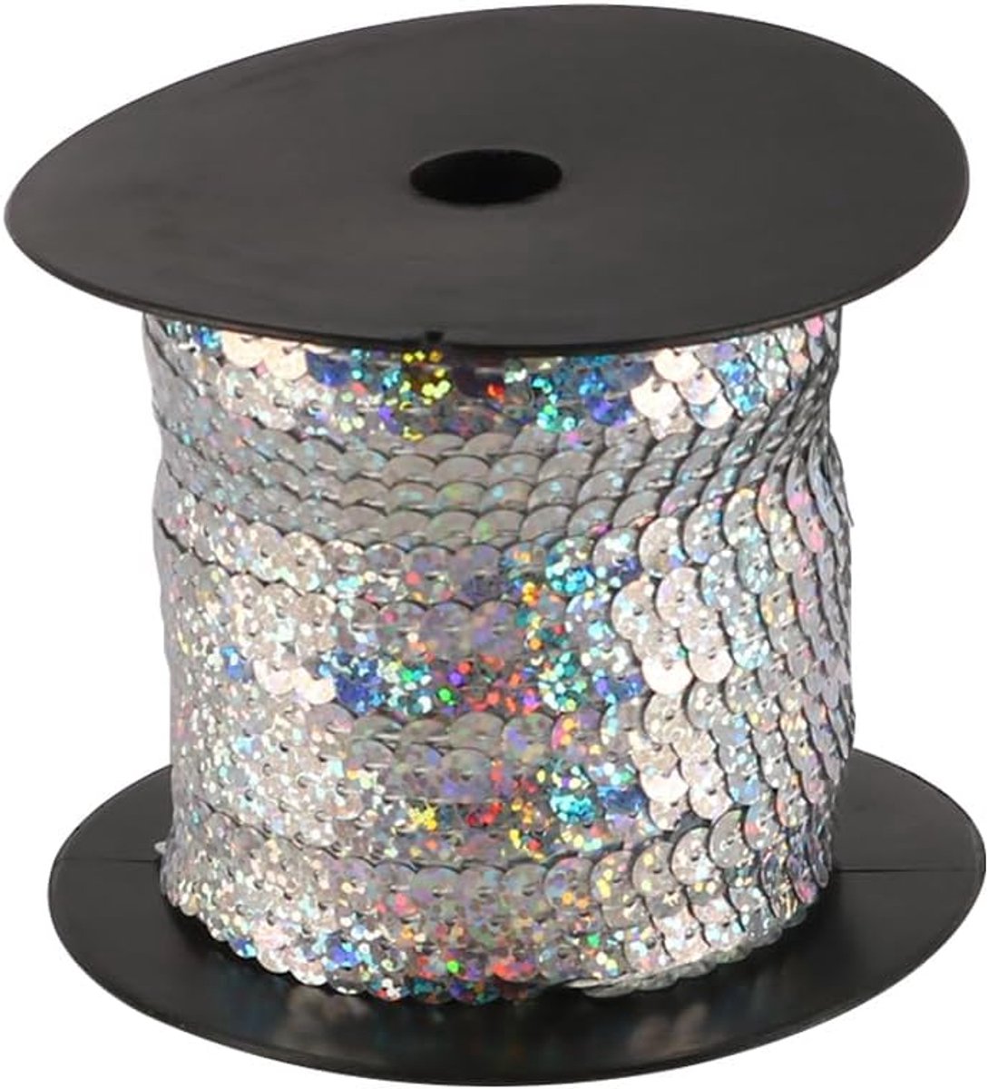 Pailletten, naaigaren, platte ronde paillettenkoord, koord, paillettenkoord voor doe-het-zelvers, naaien, knutselen, sieraden maken, laserzilver