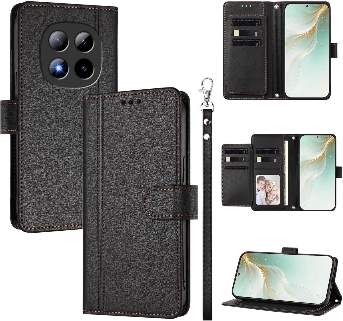 Hoes voor Xiaomi 17t, leren klaphoes met kaartsleuven, zwart. | [Beschermglas] RFID-blokkering, beschikt over een uitklapbare standaard, een afneembare polsband en een klaphoes.