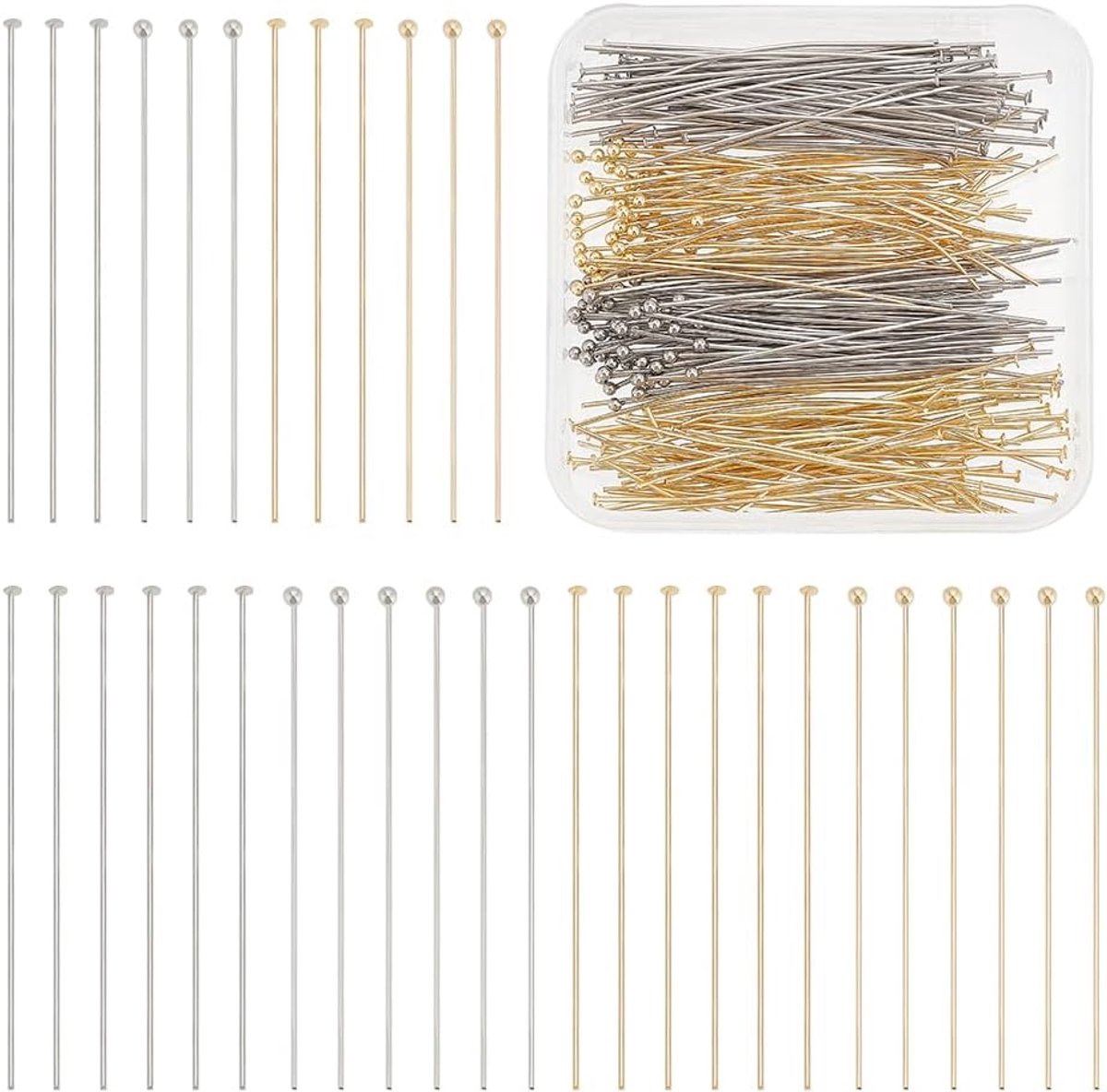 PandaHall 240 stuks 2 stijlen 304 roestvrijstalen kopspelden 50 mm/2 inch platte kop pinnen balhoofdspelden 21/22 gauge ambachtelijke pinnen voor oorbel hanger sieraden doe-het-zelf ambachten