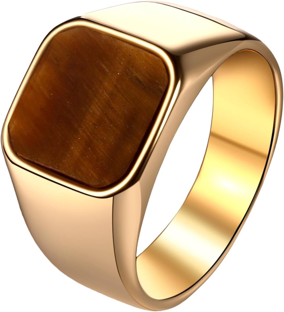 Tijgeroog-ring, zegelring voor heren, roestvrij staal, vierkante vingerring met bruine tijgeroogsteen, vintage statement-ring voor bruiloft, verjaardag, jubileum, Erwachsener, Tijgeroog