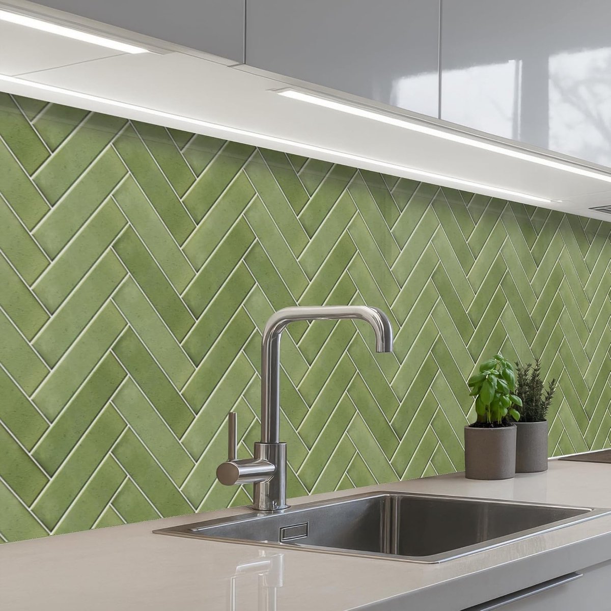 keukenachterwand 60x300 cm zelfklevend keuken decoratie accessories home kitchen spatscherm Visgraatstructuur - Tegels - Olijfgroen